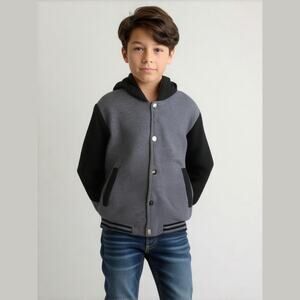 1826 Varsity Boys‎ Jacket Sz 7 Black Gray Hooded Sweatshirt Fleece Lined